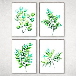 Set of 4 Botanical Print, Abstract leaves painting, Foliage Prints, Living Room Decor, Watercolor Botanical Prints