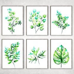 Set of 6 Botanical Print Set, Greenery Prints, Leaf Prints, Living Room Decor, Watercolor Botanical Prints