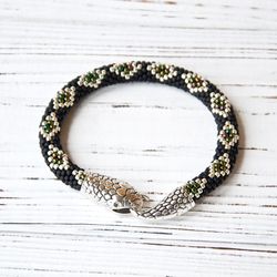 Black beaded snake bracelet handmade Ouroboros jewelry Brutalist jewelry Christmas gifts for women or men