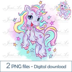 Baby Rainbow Unicorn 2 PNG files Magic Pony Clipart Sublimation fairytale horse design Small animal Digital Download