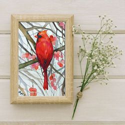 Red Cardinal bird 8x11 inch original painting art by Anne Gorywine