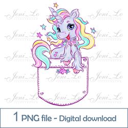 Baby Unicorn in your pocket 1 PNG file Little Pony Clipart Sublimation fairytale horse Rainbow design Digital Download