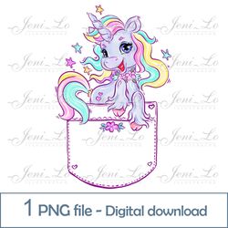 baby unicorn in your pocket 1 png file little pony clipart sublimation fairytale horse rainbow design digital download