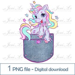 baby unicorn in jeans pocket 1 png file little pony clipart sublimation fairytale horse rainbow design digital download