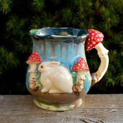 Large handmade mug Mushrooms and rabbit Mug Multicolored Art Mug Fly agaric figurine Wonderland Mug