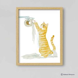Bathroom Orange White Cat and Toilet paper, Cat Art Print, Cat Decor, Watercolor Painting, Bathroom Art, Cat Lover Gift