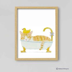 Bathroom Orange White Cat Art Print, Cat Decor, Watercolor Painting, Bathroom Art, Cat Lover Gift