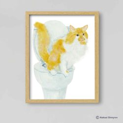 Bathroom Orange White Cat on Toilet, Cat Art Print, Cat Decor, Watercolor Painting, Bathroom Art, Cat Lover Gift