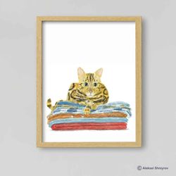 Bathroom Bengal Cat Art Print, Cat Decor, Watercolor Painting, Bathroom Art, Cat Lover Gift