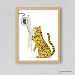 Bengal Cat and Toilet Paper, Bathroom Cat Art Print, Cat Decor, Watercolor Painting, Bathroom Art, Cat Lover Gift