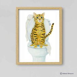 Bathroom Toilet Bengal Cat Art Print, Cat Decor, Watercolor Painting, Bathroom Art, Cat Lover Gift