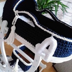 Luxury Baby moses basket, Crochet moses basket with lether handles, Handmade baby basket, Crochet baby basket