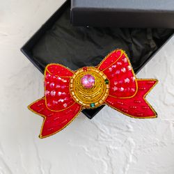 Bow brooch  pin, sailor moon brooch, gift for girlfriend, handmade jewelry,red brooch, embroidered bow