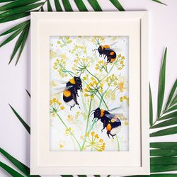 Watercolor original 8x11 inch 3 bumble bee painting insect by Anne Gorywine