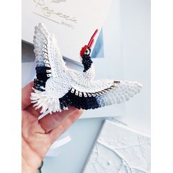 Brooch bird, Embroidered brooch, Beaded Brooch , Bird Lover, Handmade Stork
