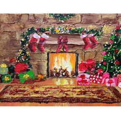 Christmas Painting Small Wall Art Original Art Acrylic Artwork Holiday Painting Fireplace Painting 7" by 9.5"