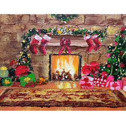 christmas painting small wall art original art acrylic artwork holiday painting fireplace painting 7" by 9.5"