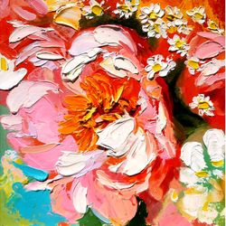 Peony Painting Flower Original Art Daisy Artwork Floral Wall Art Impasto Oil Painting Small 8 by 8 inches