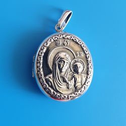 Kazan Mother of God silver plated locket Christian pendant necklace 1x0.9" free shipping
