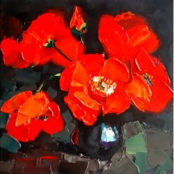 Poppy Painting Flower Original Art Still Life Artwork Floral Wall Art Impasto Oil Painting Small 8 by 8 inches