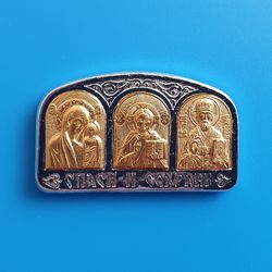 Orthodox icon-sticker Jesus Christ metal base plated with gold and silver handmade 1.6x1" free shipping