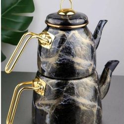 Black Teapot Set / Turkish Tea Pot Set, Turkish Samovar Tea Maker, Tea Kettle for Loose Leaf Tea, Checkered Tea