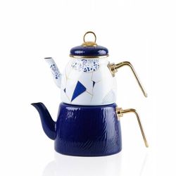 Blue Teapot Set / Turkish Tea Pot Set, Turkish Samovar Tea Maker, Tea Kettle for Loose Leaf Tea, Checkered Tea