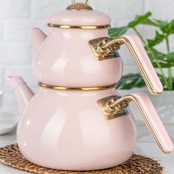 Pink Teapot Set / Turkish Tea Pot Set, Turkish Samovar Tea Maker, Tea Kettle for Loose Leaf Tea, Checkered Tea