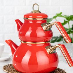Red Teapot Set / Turkish Tea Pot Set, Turkish Samovar Tea Maker, Tea Kettle for Loose Leaf Tea, Checkered Tea