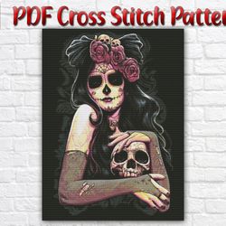 Skull Woman Cross Stitch Pattern / Woman Cross Stitch Chart / Halloween PDF Cross Stitch Pattern / Printable PDF Chart