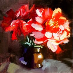 Peony Painting Flower Original Art Still Life Artwork Floral Wall Art Impasto Oil Painting Small 8 by 8 inches