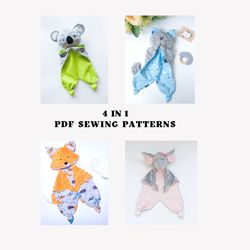 SET of 4 sewing patterns Koala lovey, Cat lovey, Fox lovey and Elephant lovey