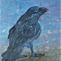 Bird Raven Oil Painting Original Art Young Raven Black Bird Wall Art Painting Handmade 12x8 inch