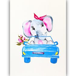 Elephant by Car Painting Baby Illustration Original Art Animal Watercolor Artwork Small Painting by LarisaRay