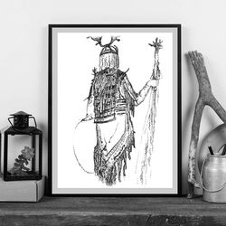 Printable wall art: shaman costume peoples of Siberia. View from the back. Black and white pen graphics.