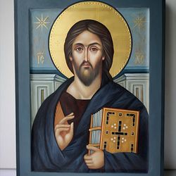 icon jesus christ pantocrator of sinai, hand painted icon lord orthodox icon original egg tempera on wood with gold leaf