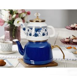 Blue Teapot Set / Turkish Tea Pot Set, Turkish Samovar Tea Maker, Tea Kettle for Loose Leaf Tea, Checkered Tea