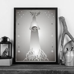 Mystic printable art: shaman with heavenly stars and signs of the lower and upper world. Instant Digital Download, JPG