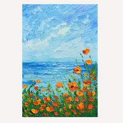 California poppies art Seascape Original art Seascape painting Poppy painting 8 by 12 in
