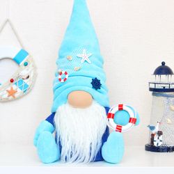 Ocean Blue Gnome with nautical life ring / Beach decor for nursery