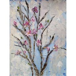 Magnolia Branches Original Oil Painting Blossom Wall Art Abstract Impasto Painting Flowers Artwork 3D Texture Painting
