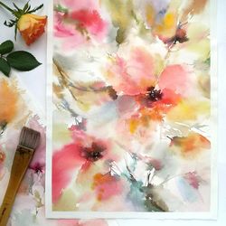 Abstract floral painting Watercolor soft pink red flowers drawng Nursery Living room wall decor Impressionist art