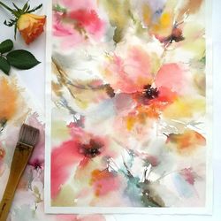 abstract floral painting watercolor soft pink red flowers drawng nursery living room wall decor impressionist art