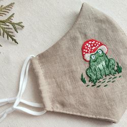 Linen frog embroidered face mask