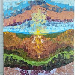 Mountain Landscape Oil Painting Morning Dawn Original Art Wall Art Abstraction Impasto 12x9.7 inch