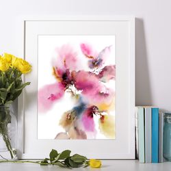 floral painting original art drawing with pink abstract flowers nursery bedroom girl room wall art impressionist art