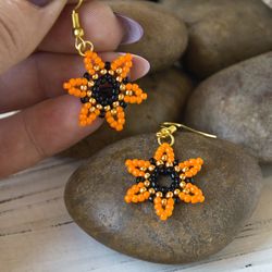 Orange small Sunflower Earrings, Handmade Beaded Earrings, Floral Design Jewelry, Kawaii Earrings, Floral Earrings