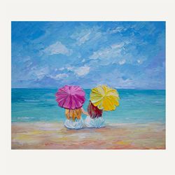 Two Girls Painting Original art Two Sisters Painting Seascape artwork Beach painting Coastal art 10 by 12 inch