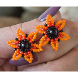 Orange Small Sunflower Stud Earrings, Seed Bead Handmade Earrings, Flower Earrings, Beadwork Earrings