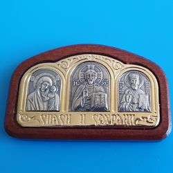 Orthodox icon-sticker Jesus Christ wooden base plated with gold and silver handmade 2.1x1.3" free shipping